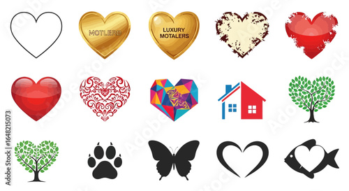 A diverse collection of fifteen heart-shaped icons and symbols representing love, nature, and various design styles.