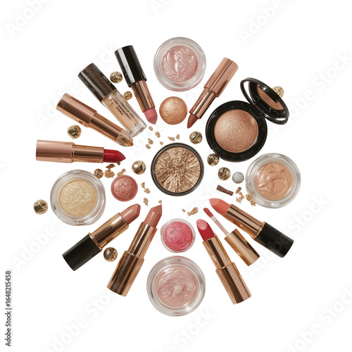 Arrangement of makeup products on a black background for a creative presentation of beauty cosmetics
