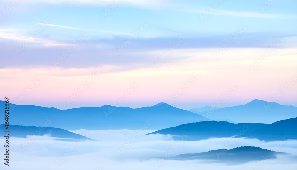 a serene mountain landscape at sunrise or sunset, with layers of blue mountain peaks emerging from a soft sea of clouds, under a pastel sky with soft pink and yellow hues. a serene mountain landscape at sunrise or sunset, with layers of blue mountain peaks emerging from a soft sea of clouds, under a pastel sky with soft pink and yellow hues.