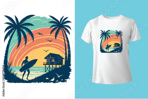 Colorful summer t-shirts on display at a vibrant store during sunny days.	