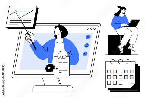 Person presenting data analysis on screen, viewer with laptop, calendar highlighting organization. Ideal for online education, project management, virtual meetings, time management, data analysis