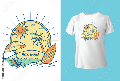 Colorful summer t-shirts on display at a vibrant store during sunny days.	