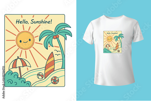 Colorful summer t-shirts on display at a vibrant store during sunny days.	