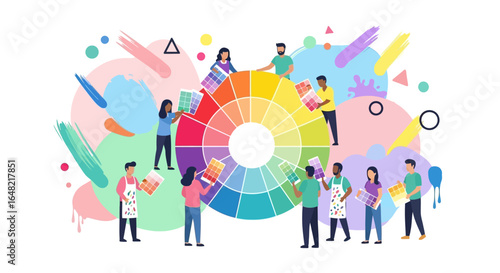 Illustration Art Vector of People with Color Wheel Palette and Abstract Brush Strokes Modern Style Design