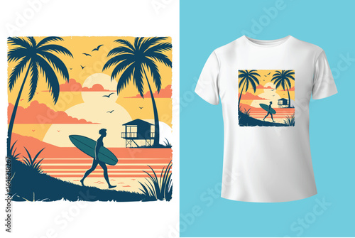 Colorful summer t-shirts on display at a vibrant store during sunny days.	