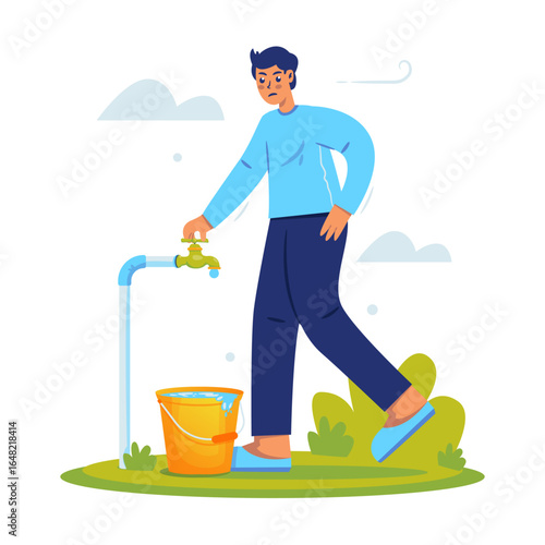 Male character turns off the water tap vector illustration