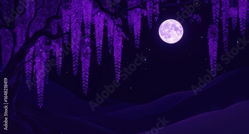 Purple wisteria tree at night under a full moon.