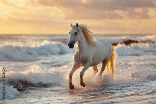 朝日が登る波打ち際を疾走する美しい白馬をリアルに描いたAI生成画像