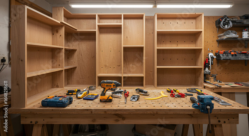 Wallpaper Mural Home workshop setup with essential tools on a perforated workbench and custom wooden wall storage, ready for DIY projects and craftsmanship Torontodigital.ca