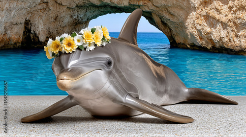Dolphin adorned with flowers rests at the beach beneath a rocky arch during a sunny day