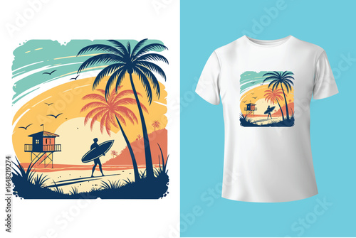 Colorful summer t-shirts on display at a vibrant store during sunny days.	