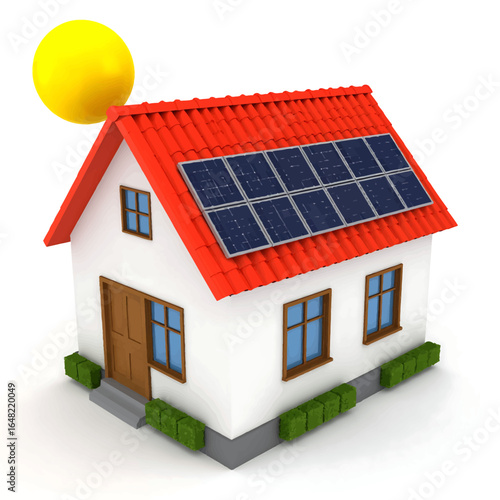 Residential house with solar panels on the roof powered by the sun. Renewable energy concept.