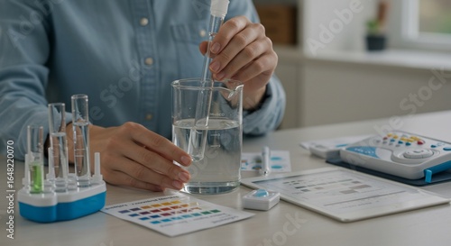 Water Quality Testing: Scientist Analyzing Sample in Beaker with Color Chart and Digital Meter