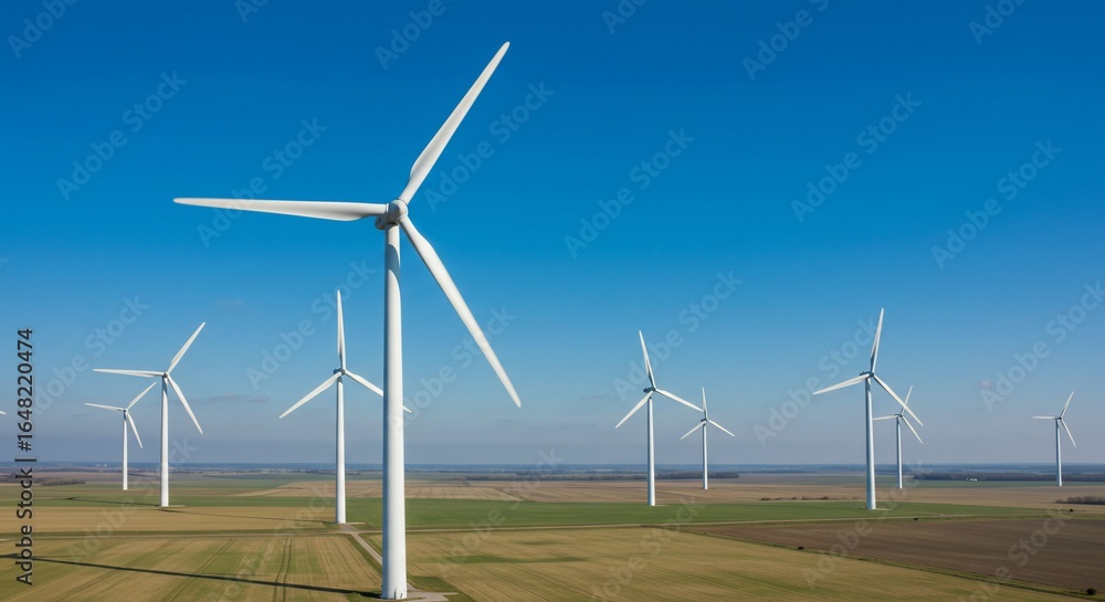 Wind Turbines Stand Tall in a Rural Landscape Under a Clear Blue Sky Wind Turbines Stand Tall in a Rural Landscape Under a Clear Blue Sky