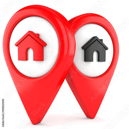 Red map pins with house icons for real estate location and property search