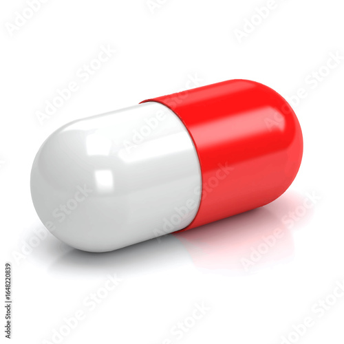 Red and white pharmaceutical capsule pill isolated on a reflective background for medical concepts.