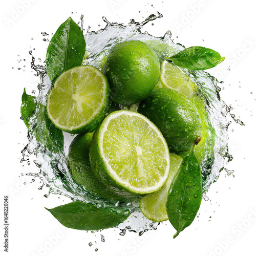  fresh green lemon splash in circle shape cut out Isolated on white and transparent background