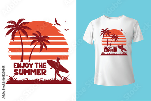 Colorful summer t-shirts on display at a vibrant store during sunny days.	