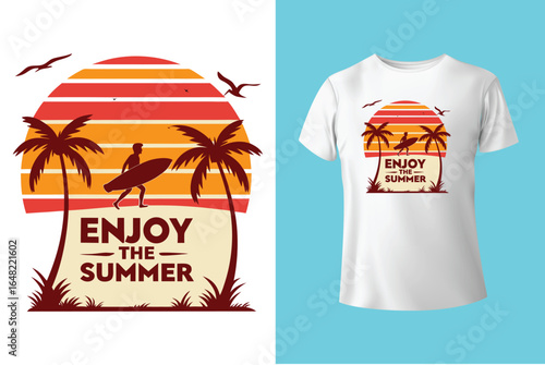 Colorful summer t-shirts on display at a vibrant store during sunny days.	