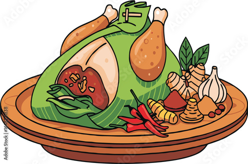 15082025_Flat Design Vector Illustration of Balinese Ayam Betutu
Flat vector illustration of Balinese Ayam Betutu, whole chicken wrapped in banana leaves, served on a wooden plate with traditional spi