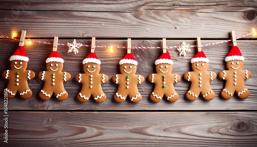 Festive gingerbread men garland on rustic wood