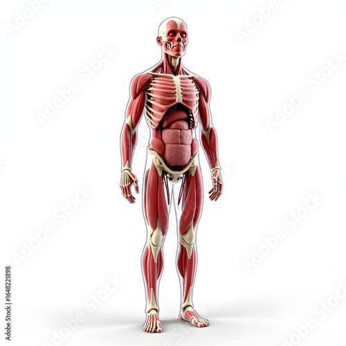 Transparent human anatomy: full-body male figure showing muscular and skeletal systems with visible internal organs, frontal standing pose isolated on a clean white background