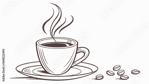 Coffee cup vector illustration with steam and coffee beans for cafe menu and coffee shop design concept