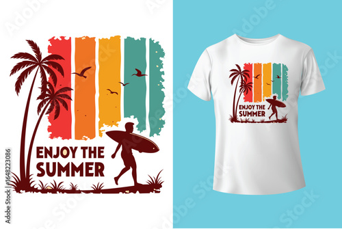 Colorful summer t-shirts on display at a vibrant store during sunny days.	