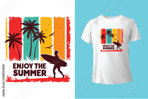Colorful summer t-shirts on display at a vibrant store during sunny days.	