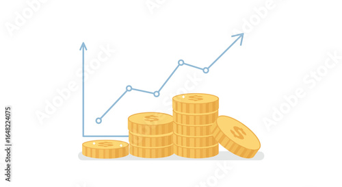 Rising profits shown with a vector chart and stacks of money, financial growth and success concept