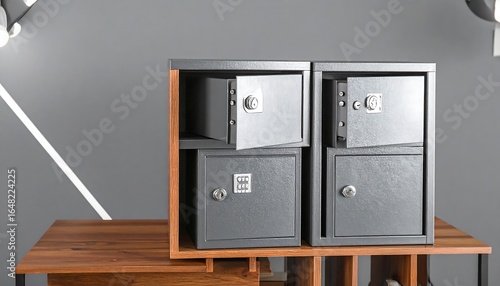 Two matching gray safes on a wooden desk