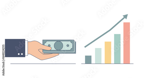 Promising financial growth with money in hand, illustrated chart shows investment success and positive returns