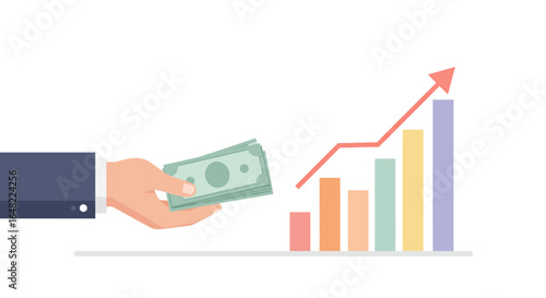Investment growth concept showing hand holding money with ascending financial chart and arrow pointing up