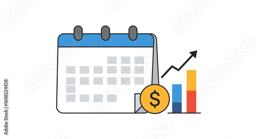 Visualize financial growth with calendar and dollar coin, track market performance with graph icon