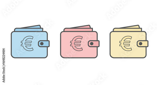 Colorful euro wallets lined up representing savings, finance and money management in Europe