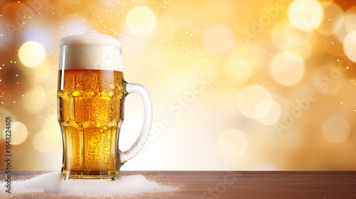 glass of beer on wooden table, Mug of beer chilled on wood table and blurred bar background food and drink concept generative ai
