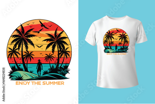 Colorful summer t-shirts on display at a vibrant store during sunny days.	