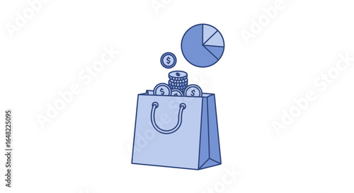 Shopping bag overflowing with money and pie chart, representing business growth and success.