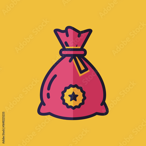 vector of a pink money bag or gift sack with a yellow star emblem, symbolizing wealth, treasure, bonus, savings, or lucky prize.