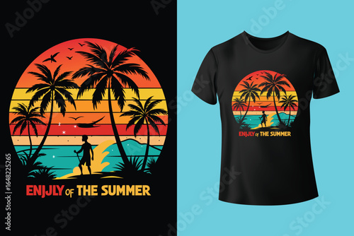 Colorful summer t-shirts on display at a vibrant store during sunny days.	