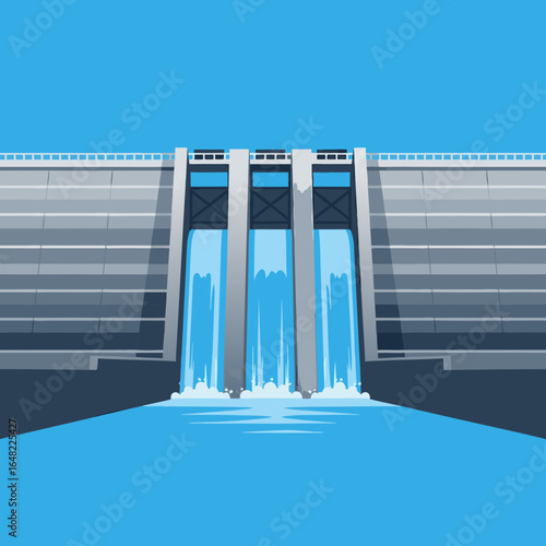 vector of a large concrete dam with water flowing through its gates, symbolizing hydroelectric power, infrastructure, and water management.
