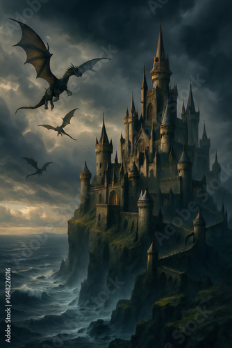 castle in the night surrounded by dragons