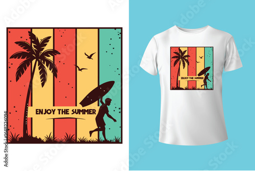 Colorful summer t-shirts on display at a vibrant store during sunny days.	