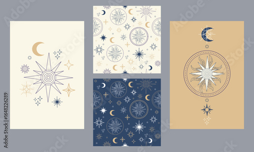 Set of celestial posters and seamless patterns moon and sun vector