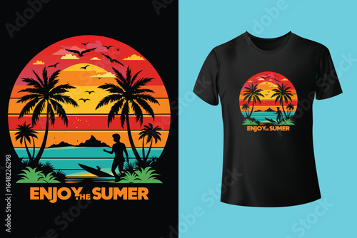 Colorful summer t-shirts on display at a vibrant store during sunny days.	