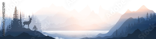 Sunrise on a mountain lake, foggy morning, deer on a rock, panoramic view, vector illustration