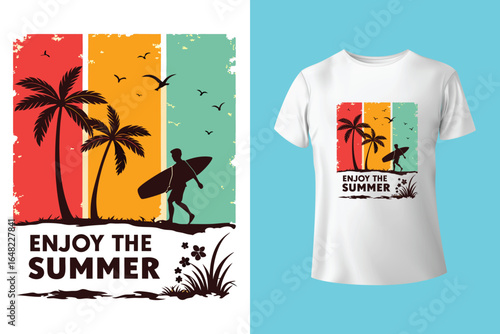 Colorful summer t-shirts on display at a vibrant store during sunny days.	