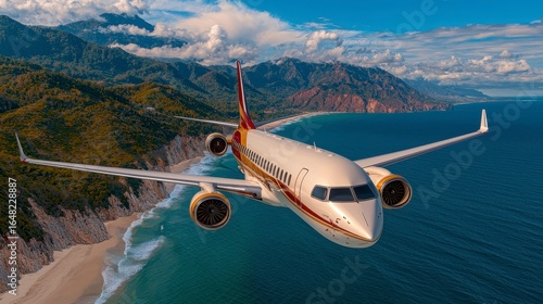 White and Beige Airplane Soaring Over Tropical Coastline