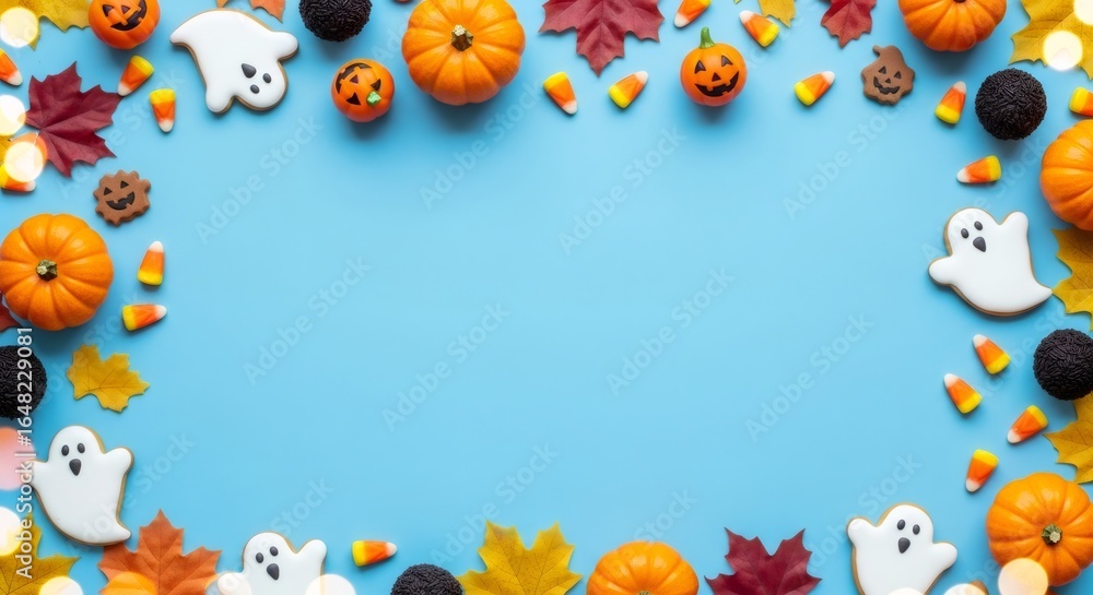 Fototapeta premium Halloween border with colorful leaves, ghost cookies, pumpkins, and candy corn top view for holiday design.