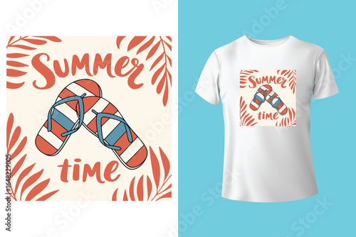 Colorful summer t-shirts on display at a vibrant store during sunny days.	